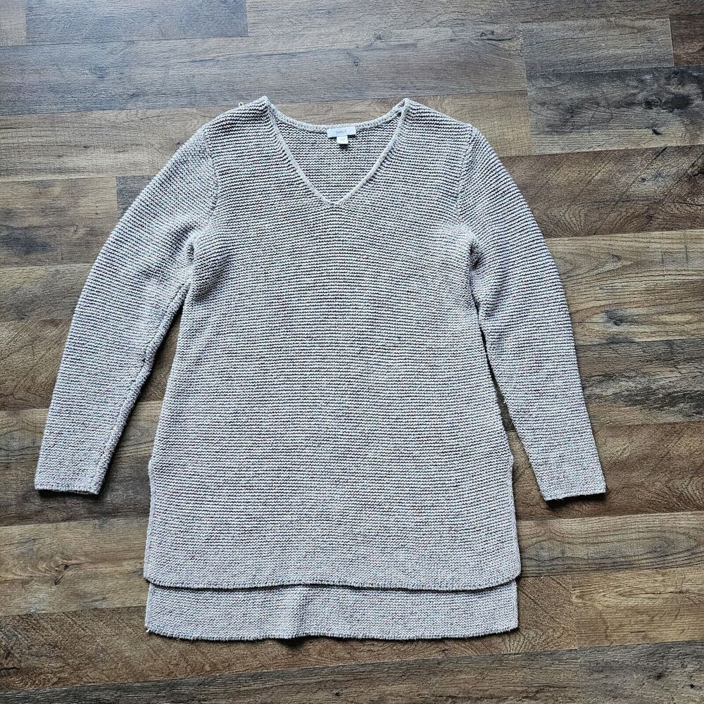 Pure Jill Pullover V-Neck Tunic Sweater Womens Small Ivory Knit Long Sleeve